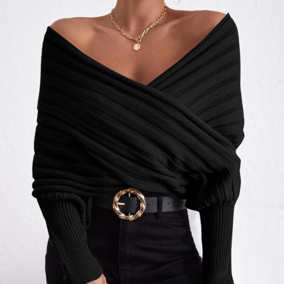 Elegant Black Off-Shoulder Sweater - Picture 7 of 9